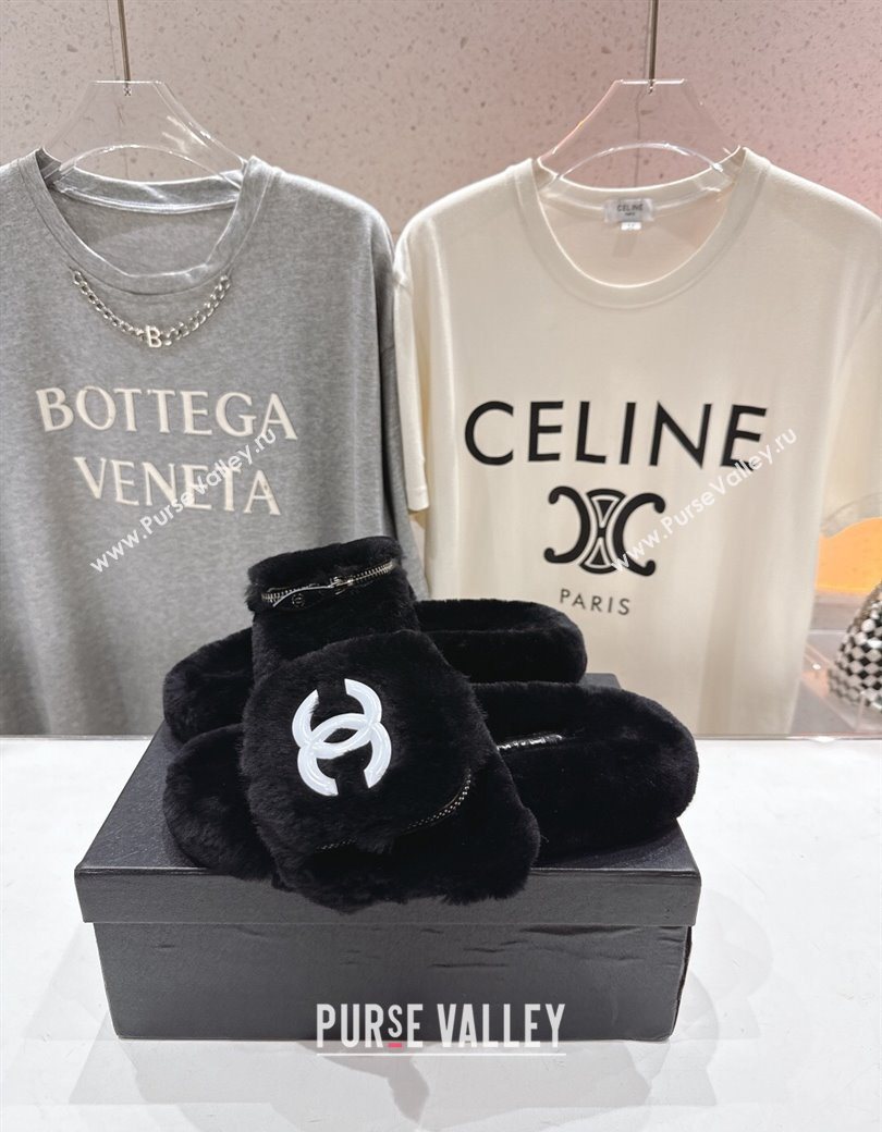 Chanel Wool Flat Slides Sandal with Zip Pouch Black 2025 CH090112 (MD-250901120)