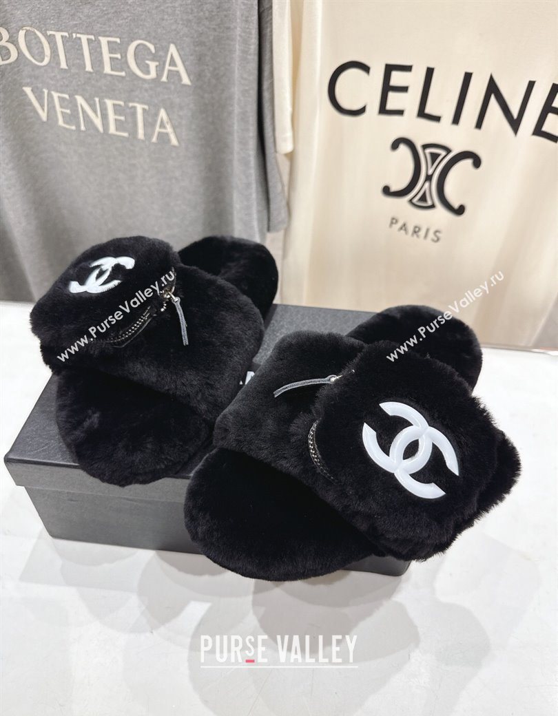 Chanel Wool Flat Slides Sandal with Zip Pouch Black 2025 CH090112 (MD-250901120)