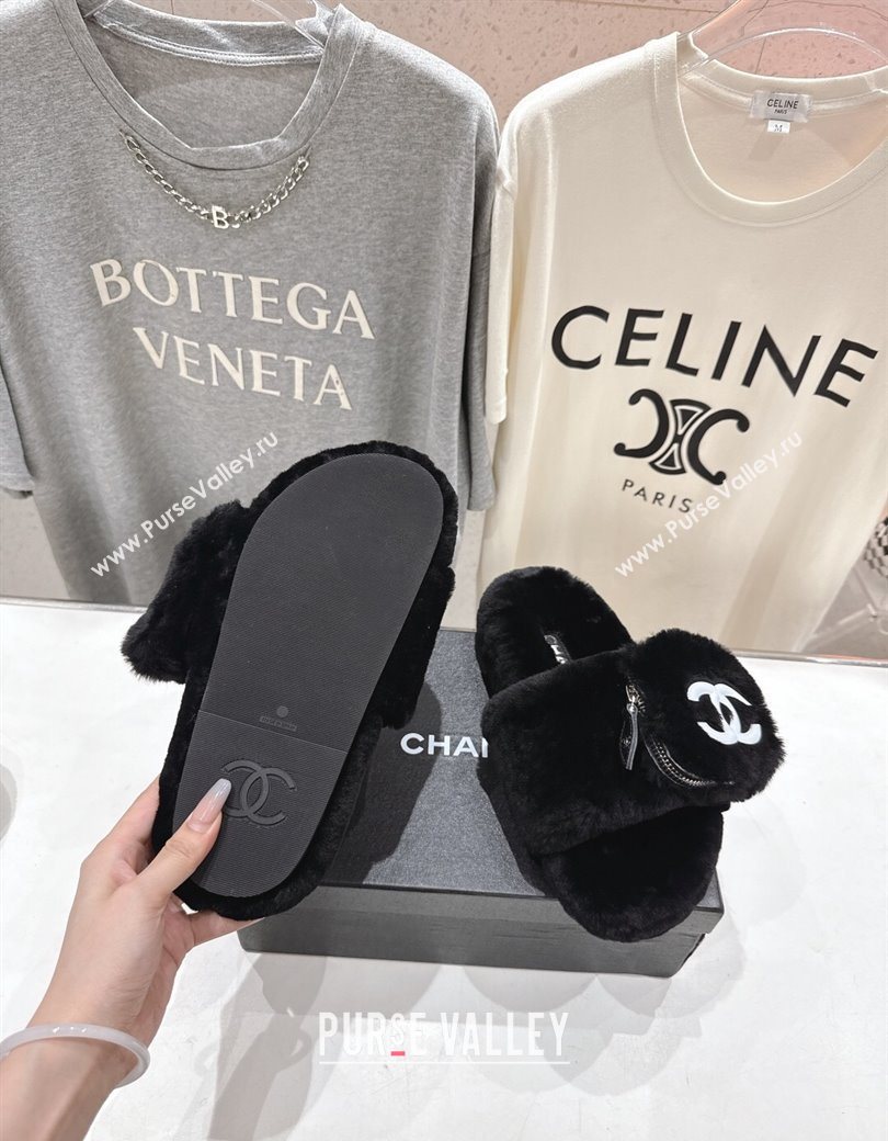 Chanel Wool Flat Slides Sandal with Zip Pouch Black 2025 CH090112 (MD-250901120)