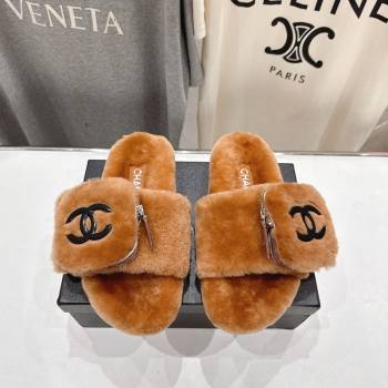 Chanel Wool Flat Slides Sandal with Zip Pouch Brown 2025 CH090112 (MD-250901121)