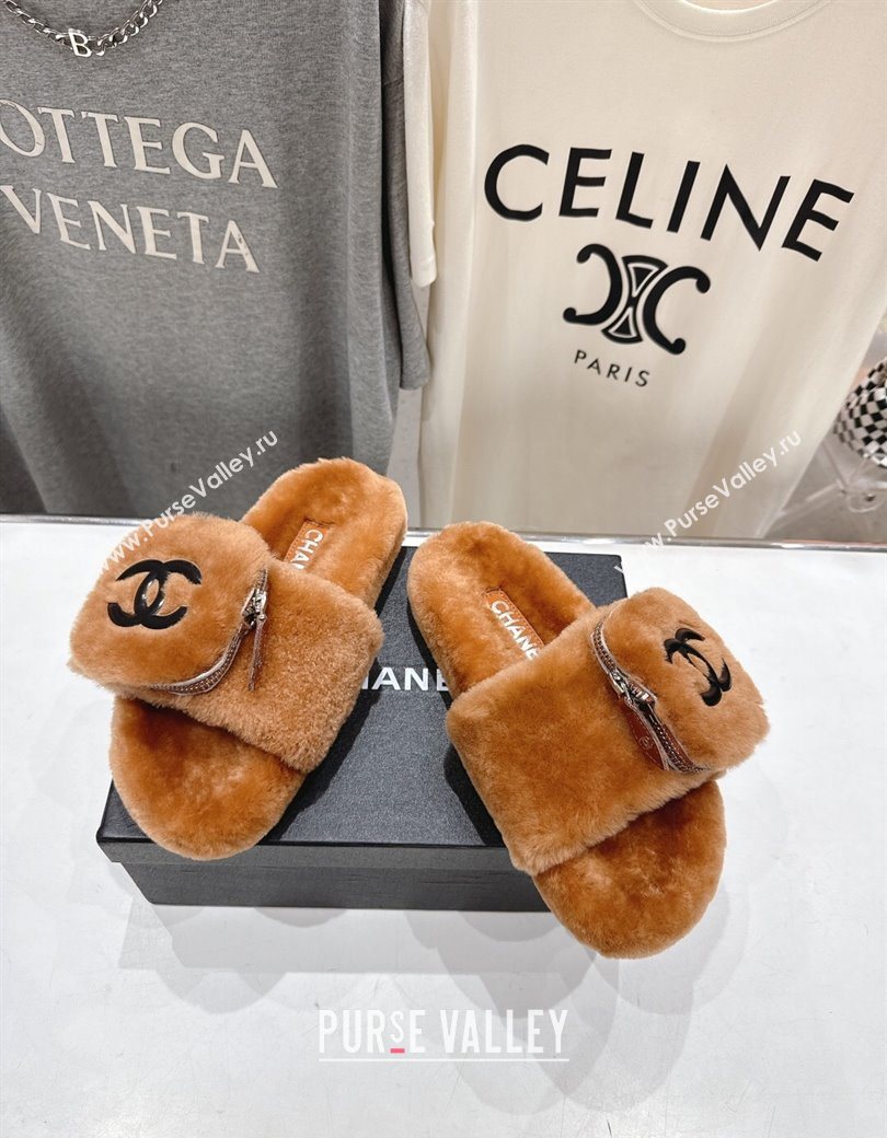Chanel Wool Flat Slides Sandal with Zip Pouch Brown 2025 CH090112 (MD-250901121)