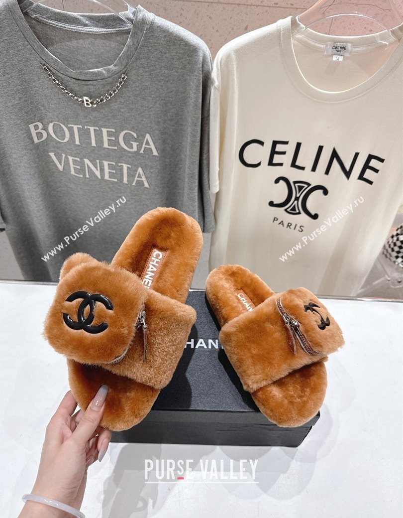 Chanel Wool Flat Slides Sandal with Zip Pouch Brown 2025 CH090112 (MD-250901121)