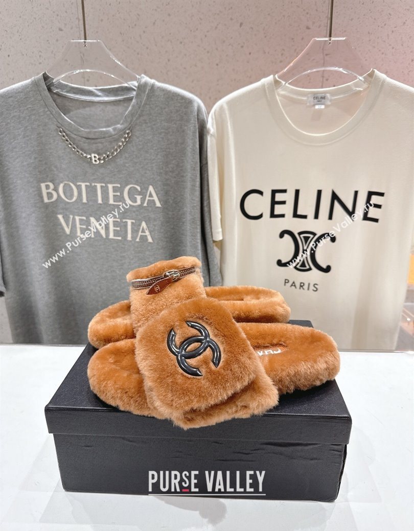 Chanel Wool Flat Slides Sandal with Zip Pouch Brown 2025 CH090112 (MD-250901121)