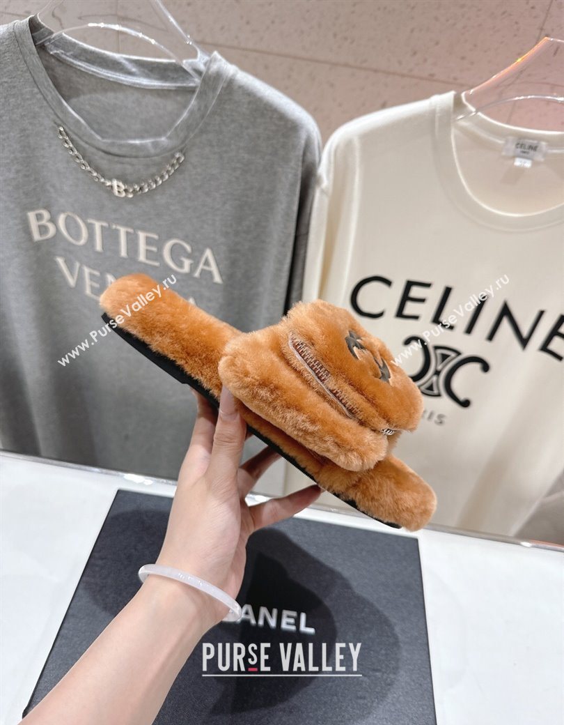 Chanel Wool Flat Slides Sandal with Zip Pouch Brown 2025 CH090112 (MD-250901121)