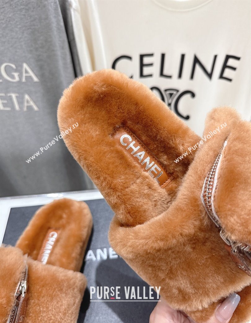 Chanel Wool Flat Slides Sandal with Zip Pouch Brown 2025 CH090112 (MD-250901121)