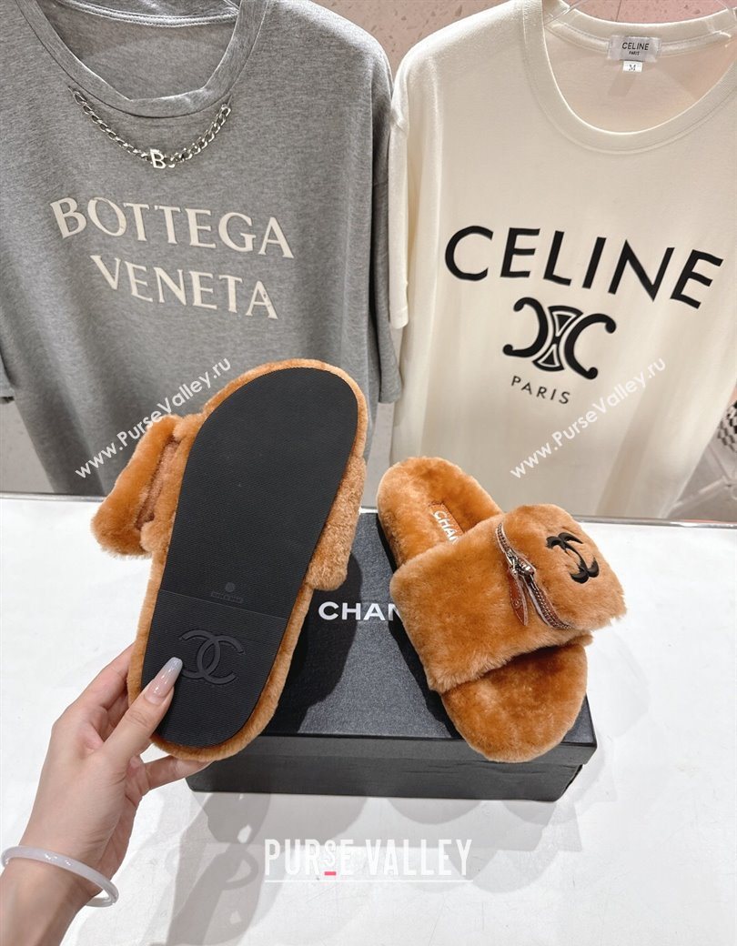 Chanel Wool Flat Slides Sandal with Zip Pouch Brown 2025 CH090112 (MD-250901121)