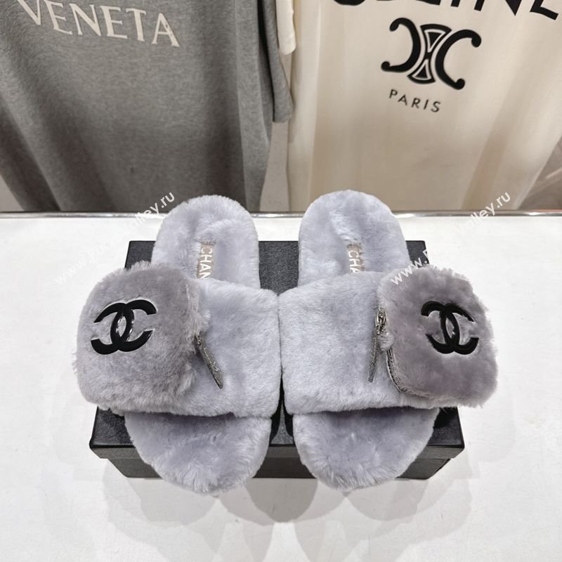 Chanel Wool Flat Slides Sandal with Zip Pouch Grey2 2025 CH090112 (MD-250901122)