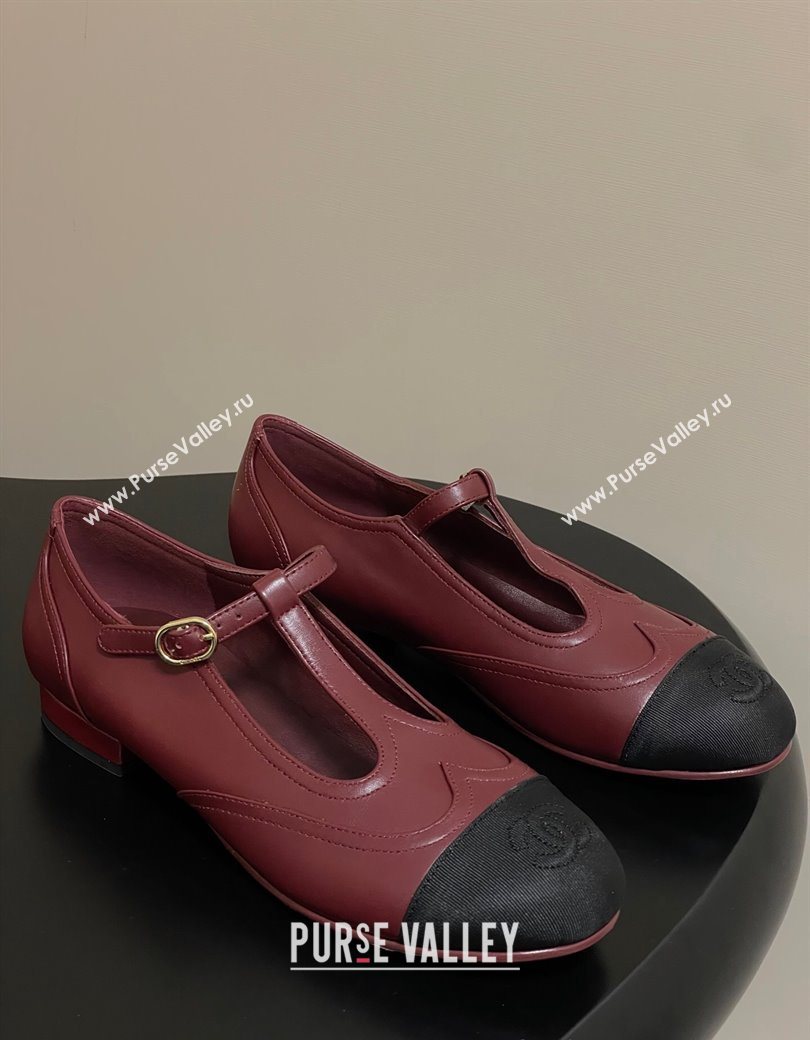Chanel Lambskin Grosgrain T Mary Janes Flat Shoes Burgundy 2025 CH090105 (NO-250901067)