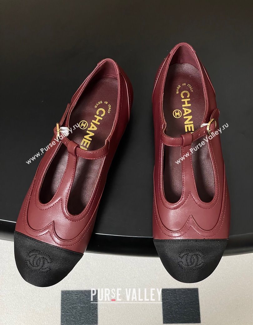 Chanel Lambskin Grosgrain T Mary Janes Flat Shoes Burgundy 2025 CH090105 (NO-250901067)