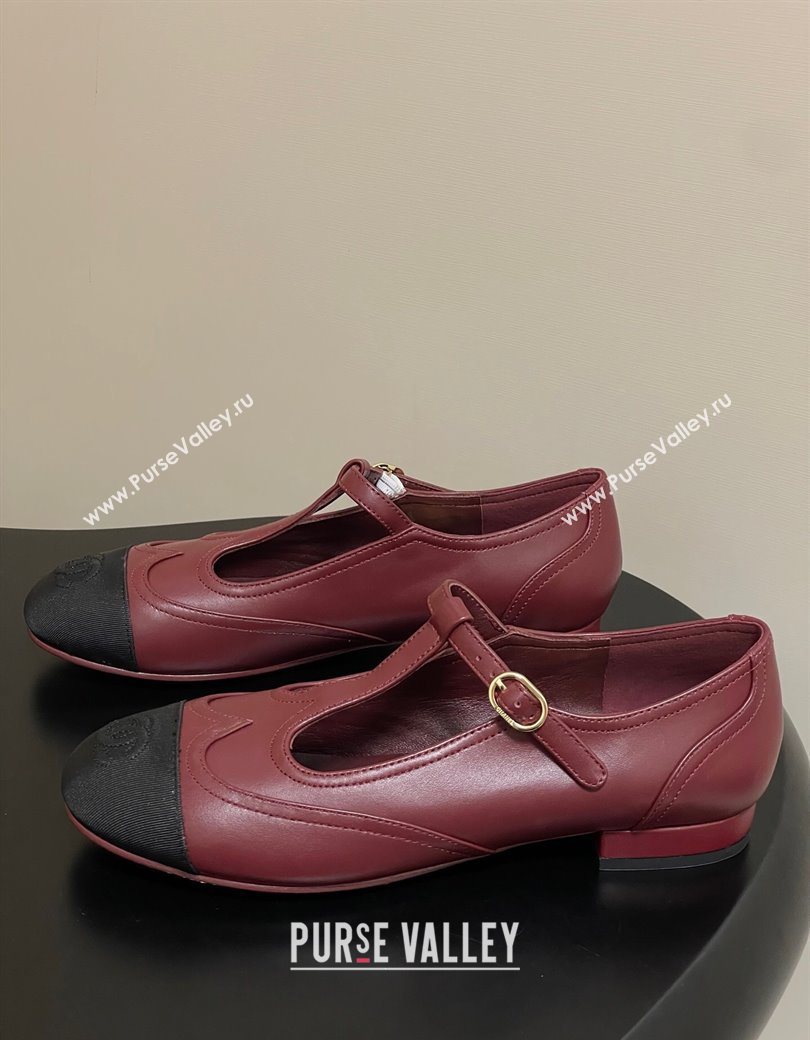 Chanel Lambskin Grosgrain T Mary Janes Flat Shoes Burgundy 2025 CH090105 (NO-250901067)