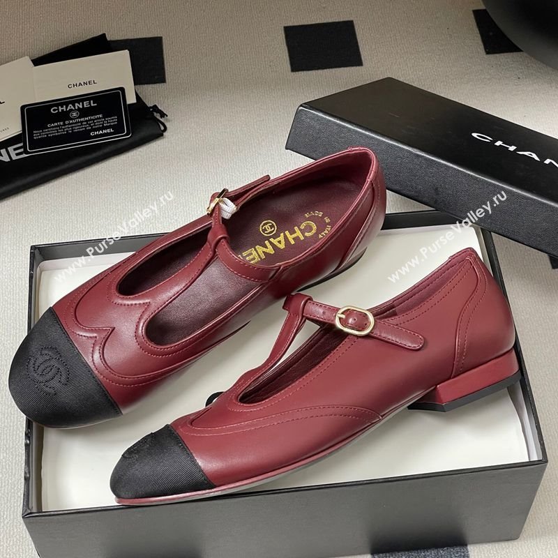 Chanel Lambskin Grosgrain T Mary Janes Flat Shoes Burgundy 2025 CH090105 (NO-250901067)