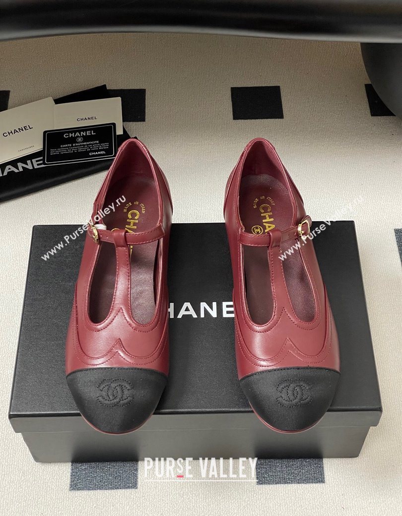 Chanel Lambskin Grosgrain T Mary Janes Flat Shoes Burgundy 2025 CH090105 (NO-250901067)