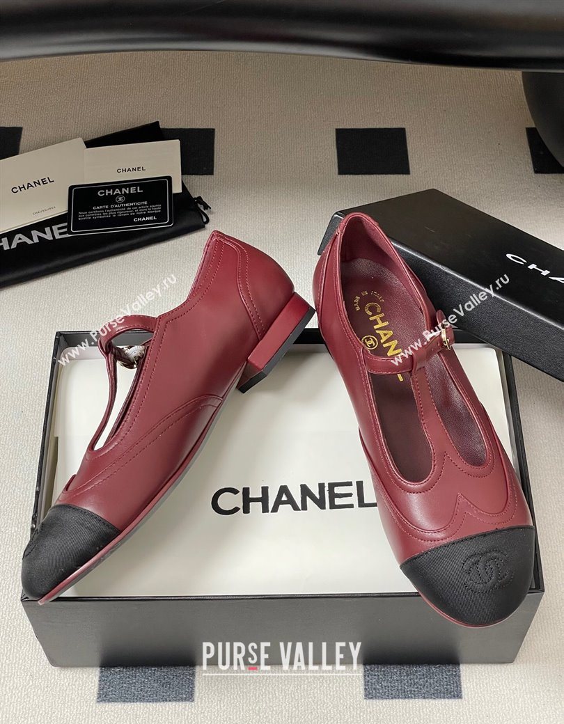 Chanel Lambskin Grosgrain T Mary Janes Flat Shoes Burgundy 2025 CH090105 (NO-250901067)