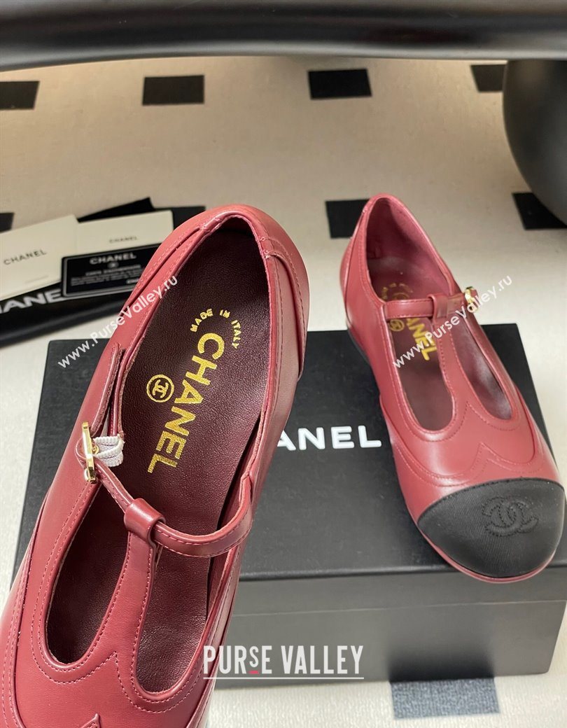Chanel Lambskin Grosgrain T Mary Janes Flat Shoes Burgundy 2025 CH090105 (NO-250901067)