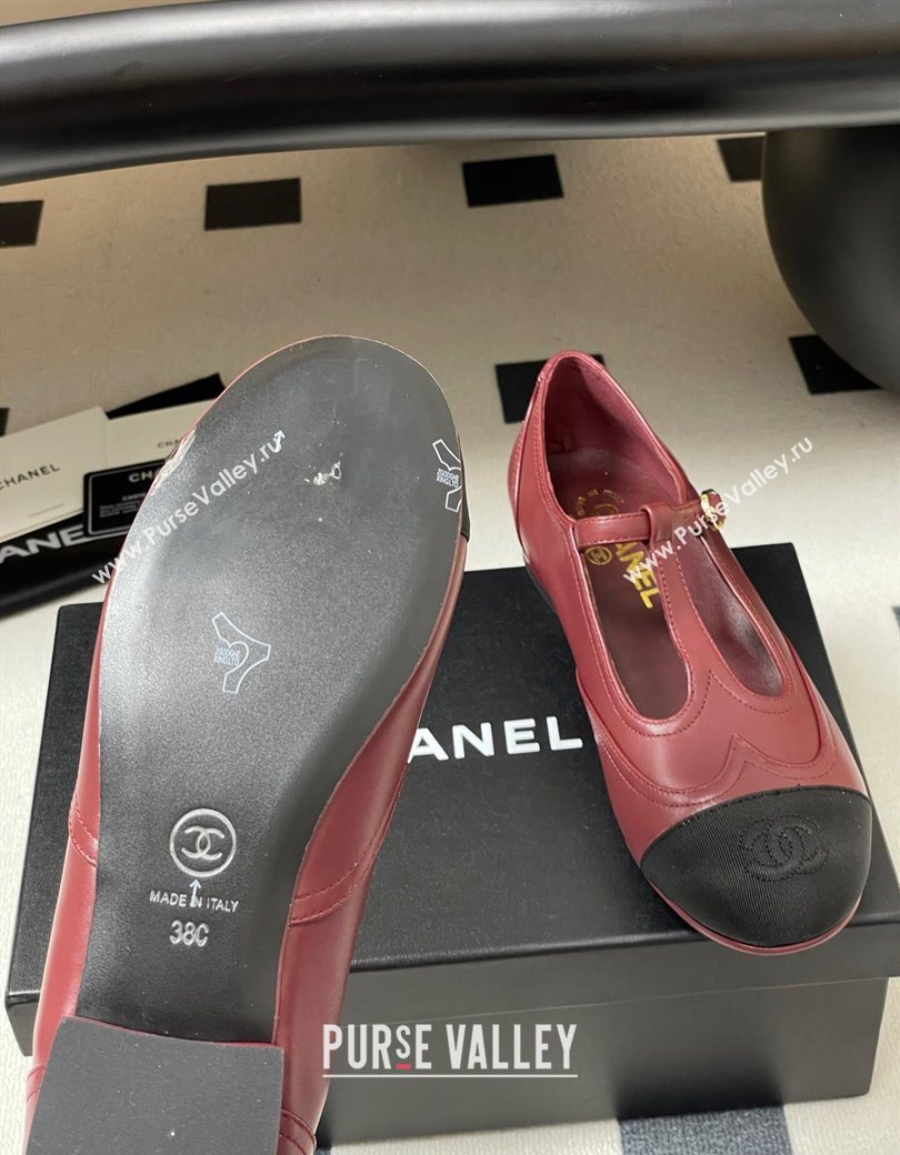 Chanel Lambskin Grosgrain T Mary Janes Flat Shoes Burgundy 2025 CH090105 (NO-250901067)