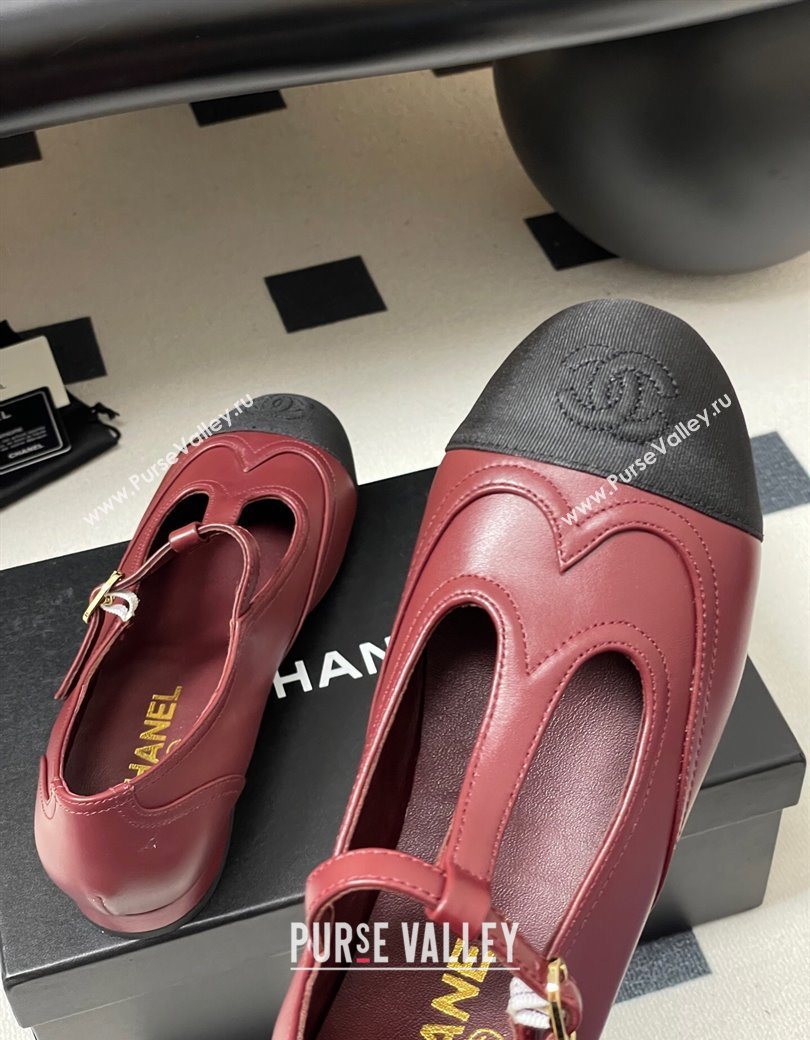 Chanel Lambskin Grosgrain T Mary Janes Flat Shoes Burgundy 2025 CH090105 (NO-250901067)