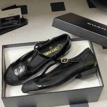 Chanel Lambskin Grosgrain T Mary Janes Flat Shoes Black 2025 CH090105 (NO-250901065)