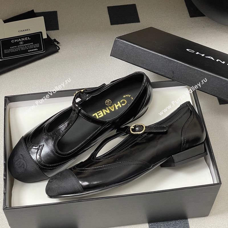 Chanel Lambskin Grosgrain T Mary Janes Flat Shoes Black 2025 CH090105 (NO-250901065)