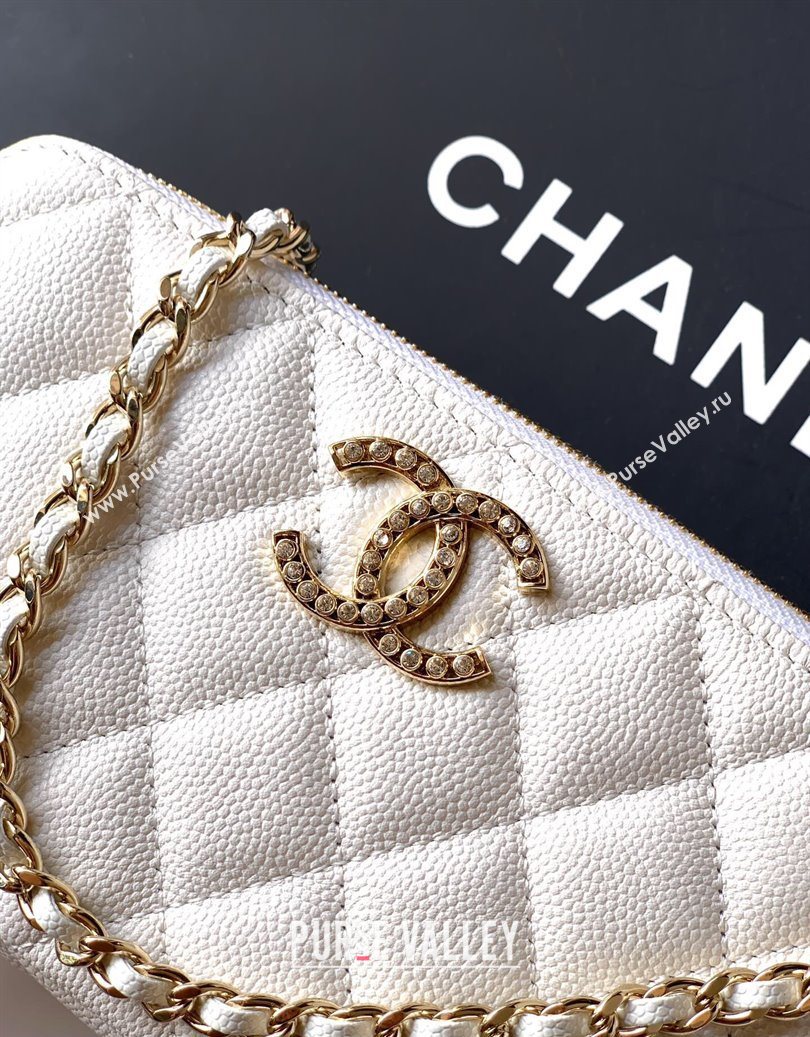 Chanel Grained Calfskin Zipped Phone Holder with Chain and Strass White 2025 CH101102 (yezi-251011046)