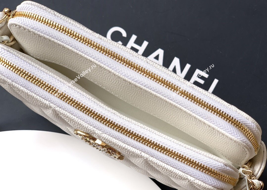 Chanel Grained Calfskin Zipped Phone Holder with Chain and Strass White 2025 CH101102 (yezi-251011046)