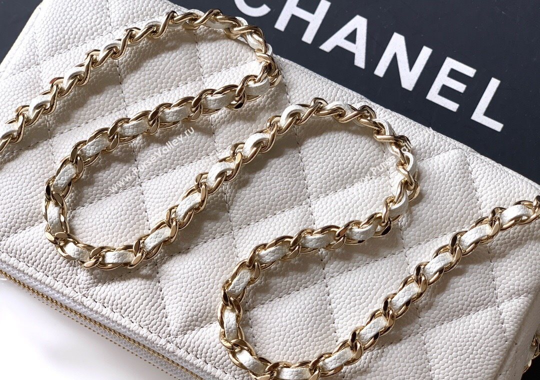Chanel Grained Calfskin Zipped Phone Holder with Chain and Strass White 2025 CH101102 (yezi-251011046)