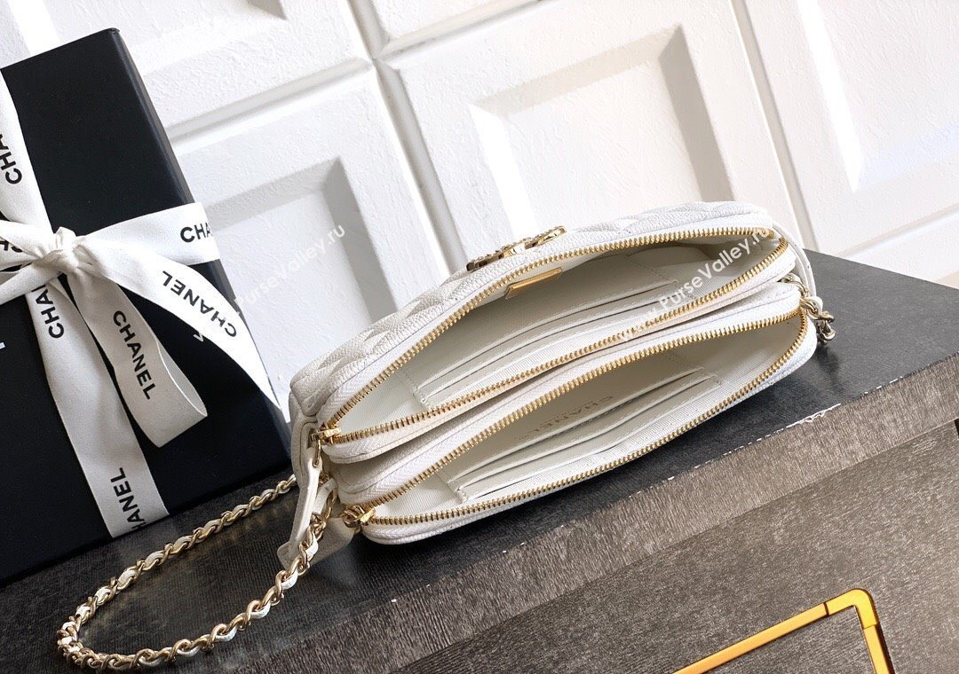 Chanel Grained Calfskin Zipped Phone Holder with Chain and Strass White 2025 CH101102 (yezi-251011046)