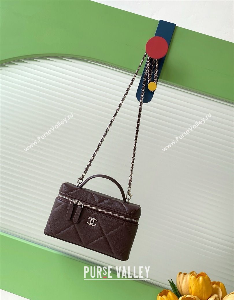 Chanel Grained Shiny Calfskin Vanity Case with Chain and Top Handle Dark Brown/Silver 2025 AP4936 (yezi-251010137)
