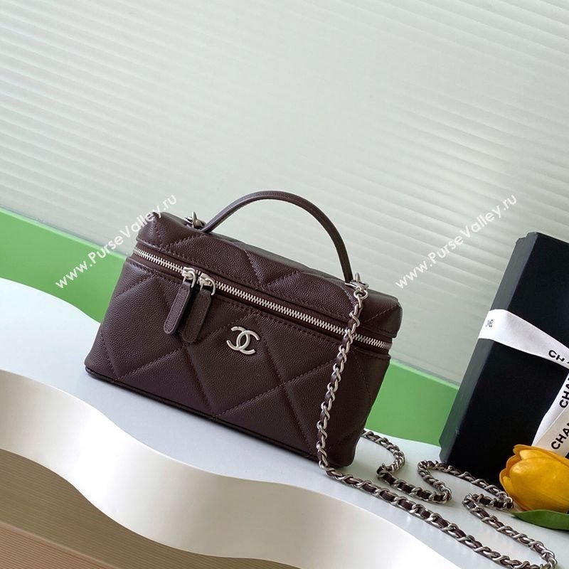 Chanel Grained Shiny Calfskin Vanity Case with Chain and Top Handle Dark Brown/Silver 2025 AP4936 (yezi-251010137)