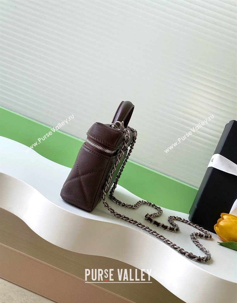 Chanel Grained Shiny Calfskin Vanity Case with Chain and Top Handle Dark Brown/Silver 2025 AP4936 (yezi-251010137)