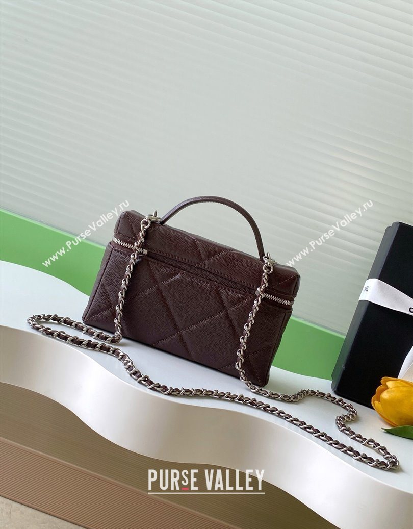 Chanel Grained Shiny Calfskin Vanity Case with Chain and Top Handle Dark Brown/Silver 2025 AP4936 (yezi-251010137)