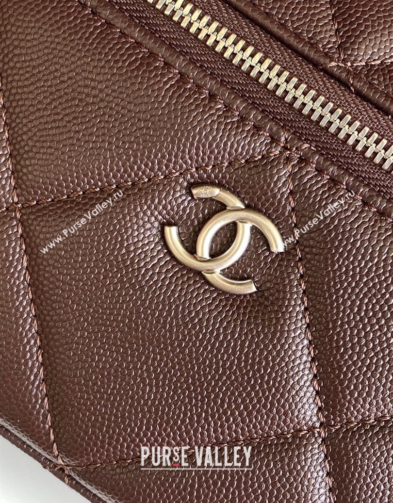 Chanel Grained Shiny Calfskin Vanity Case with Chain and Top Handle Dark Brown/Silver 2025 AP4936 (yezi-251010137)