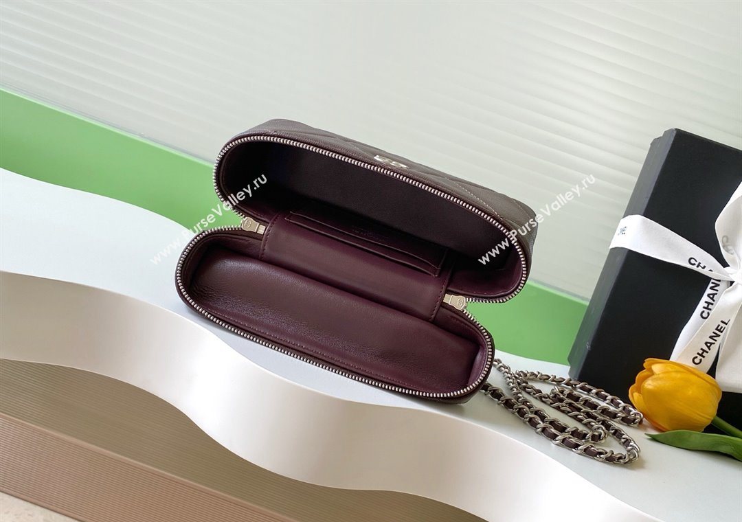 Chanel Grained Shiny Calfskin Vanity Case with Chain and Top Handle Dark Brown/Silver 2025 AP4936 (yezi-251010137)