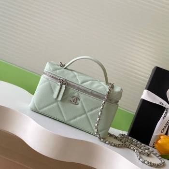 Chanel Grained Shiny Calfskin Vanity Case with Chain and Top Handle Light Green/Silver 2025 AP4936 (yezi-251010139)