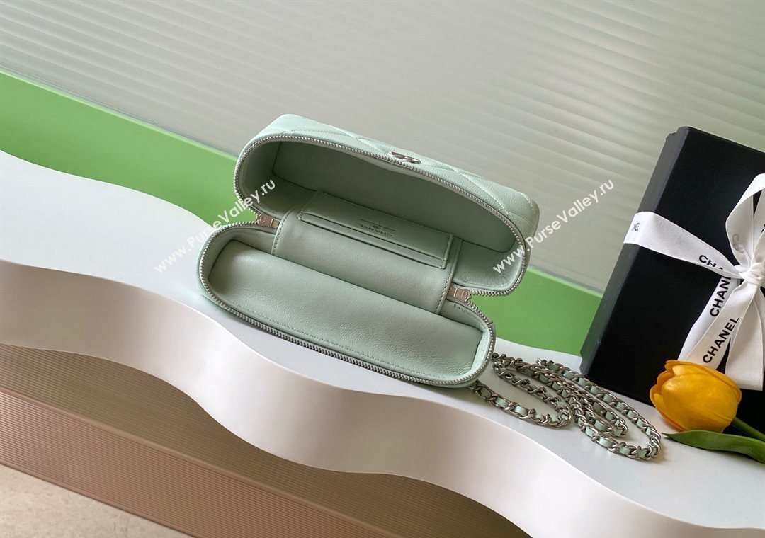 Chanel Grained Shiny Calfskin Vanity Case with Chain and Top Handle Light Green/Silver 2025 AP4936 (yezi-251010139)