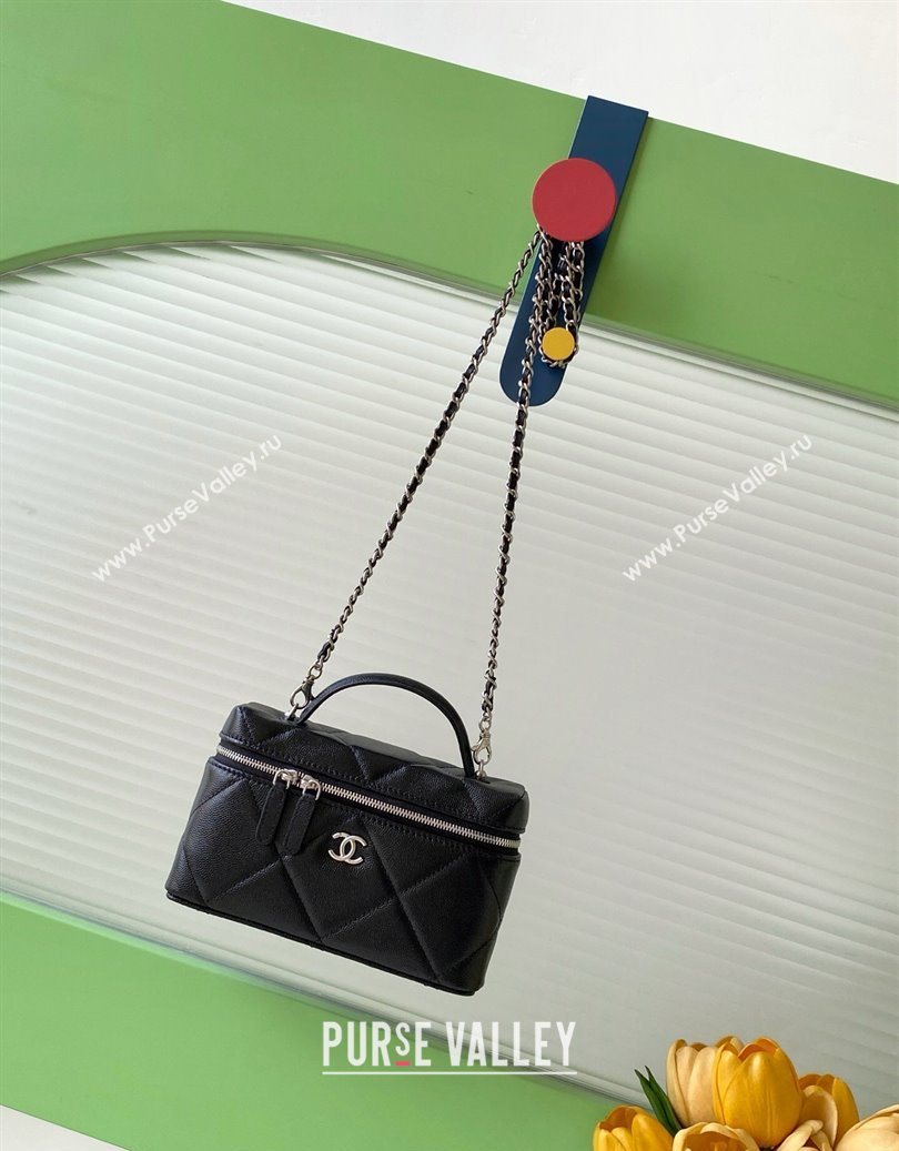 Chanel Grained Shiny Calfskin Vanity Case with Chain and Top Handle Black/Silver 2025 AP4936 (yezi-251010140)