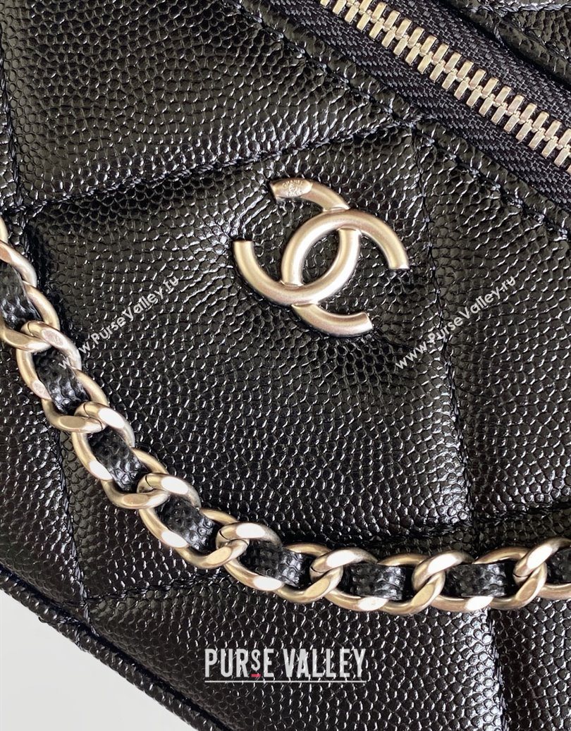 Chanel Grained Shiny Calfskin Vanity Case with Chain and Top Handle Black/Silver 2025 AP4936 (yezi-251010140)