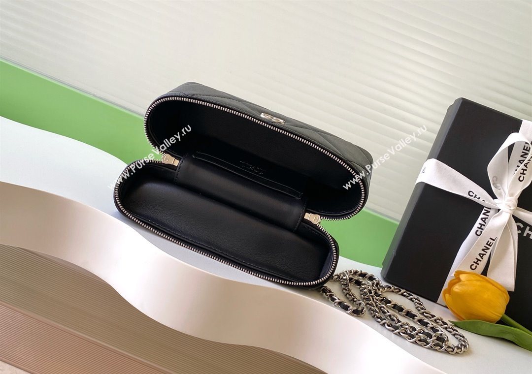 Chanel Grained Shiny Calfskin Vanity Case with Chain and Top Handle Black/Silver 2025 AP4936 (yezi-251010140)