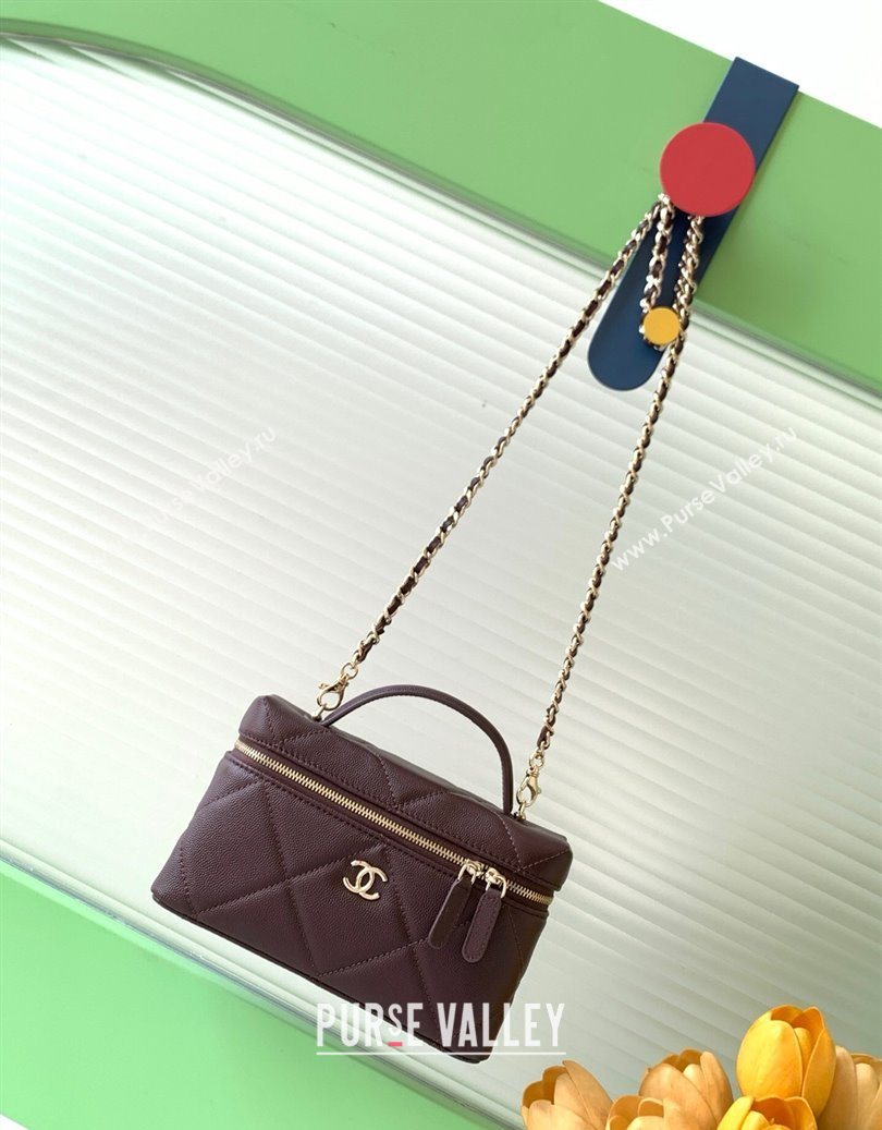 Chanel Grained Shiny Calfskin Vanity Case with Chain and Top Handle Dark Brown/Gold 2025 AP4936 (yezi-251010143)