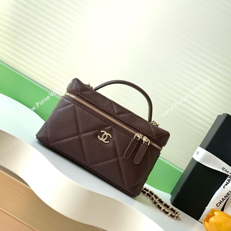 Chanel Grained Shiny Calfskin Vanity Case with Chain and Top Handle Dark Brown/Gold 2025 AP4936 (yezi-251010143)