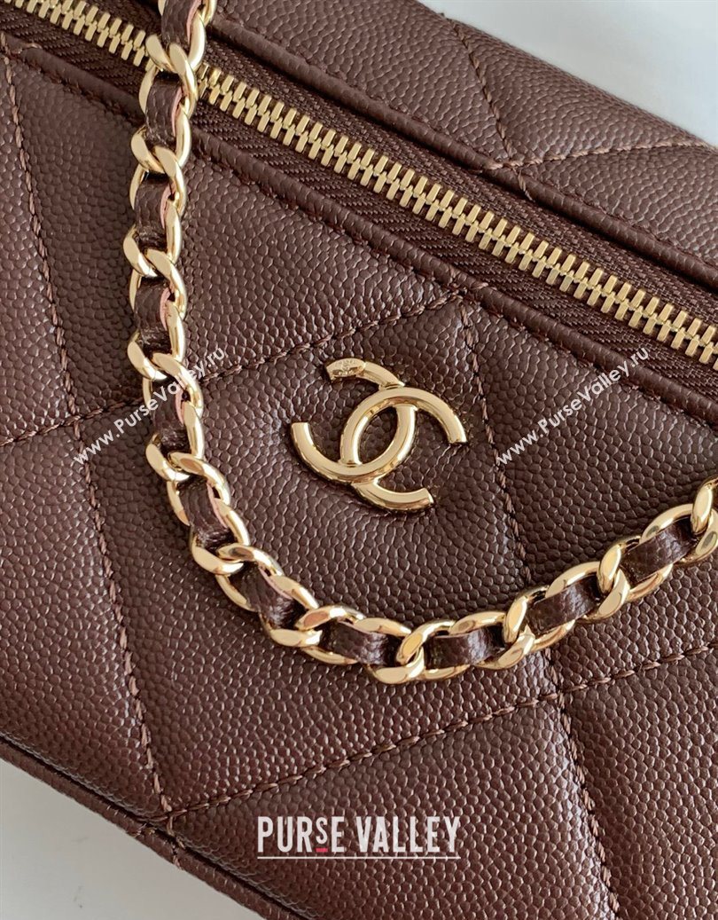 Chanel Grained Shiny Calfskin Vanity Case with Chain and Top Handle Dark Brown/Gold 2025 AP4936 (yezi-251010143)