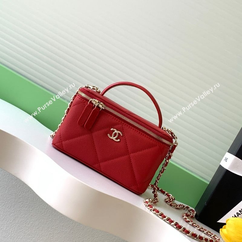 Chanel Grained Shiny Calfskin Long Vanity with Chain and Top Handle Red 2025 AP4933 (yezi-251010146)
