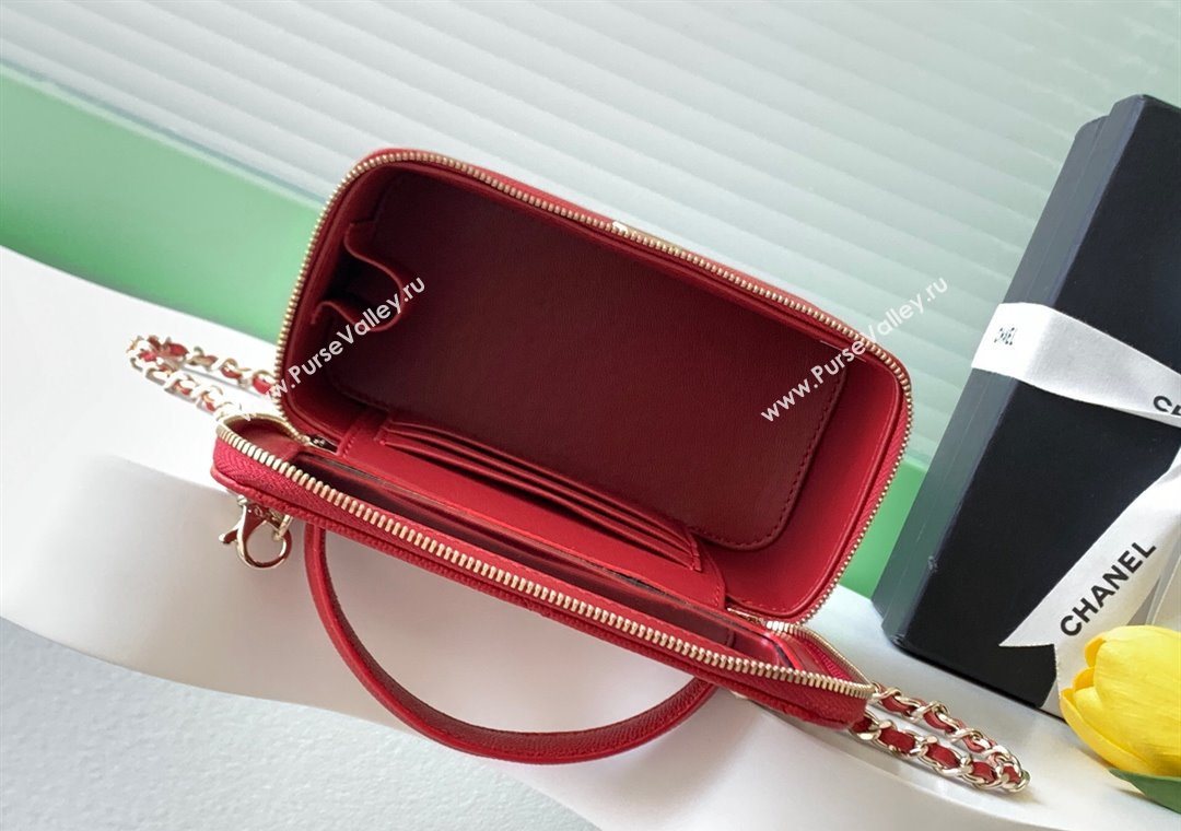 Chanel Grained Shiny Calfskin Long Vanity with Chain and Top Handle Red 2025 AP4933 (yezi-251010146)