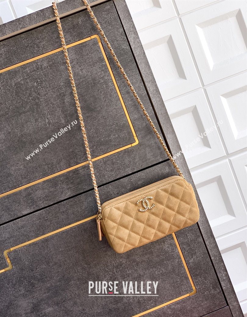 Chanel Suede Zipped Phone Holder with Chain and Strass Brown 2025 CH101102 (yezi-251011041)