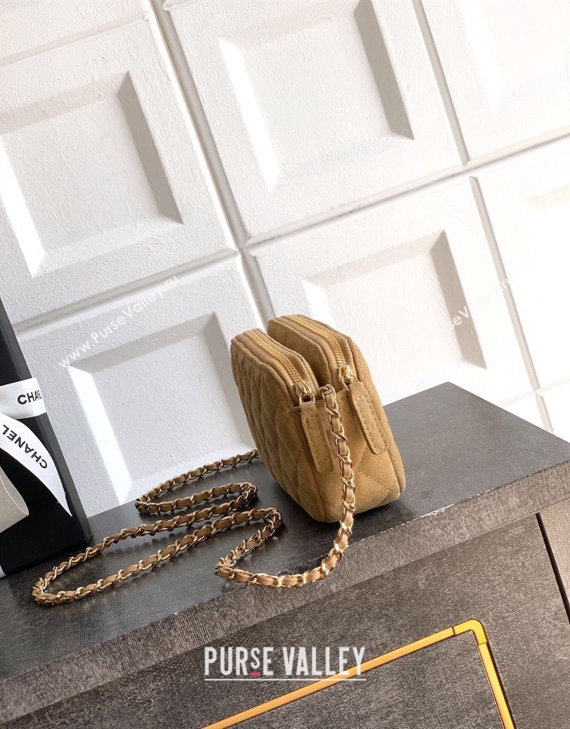 Chanel Suede Zipped Phone Holder with Chain and Strass Brown 2025 CH101102 (yezi-251011041)