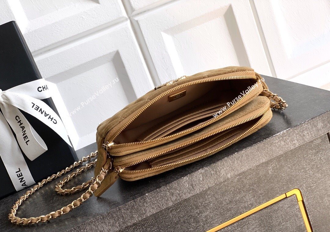 Chanel Suede Zipped Phone Holder with Chain and Strass Brown 2025 CH101102 (yezi-251011041)