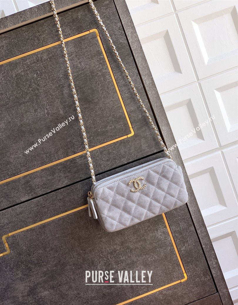 Chanel Suede Zipped Phone Holder with Chain and Strass Grey 2025 CH101102 (yezi-251011042)