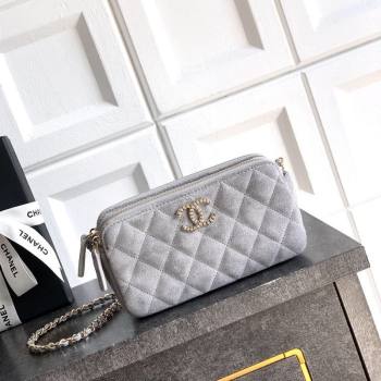 Chanel Suede Zipped Phone Holder with Chain and Strass Grey 2025 CH101102 (yezi-251011042)
