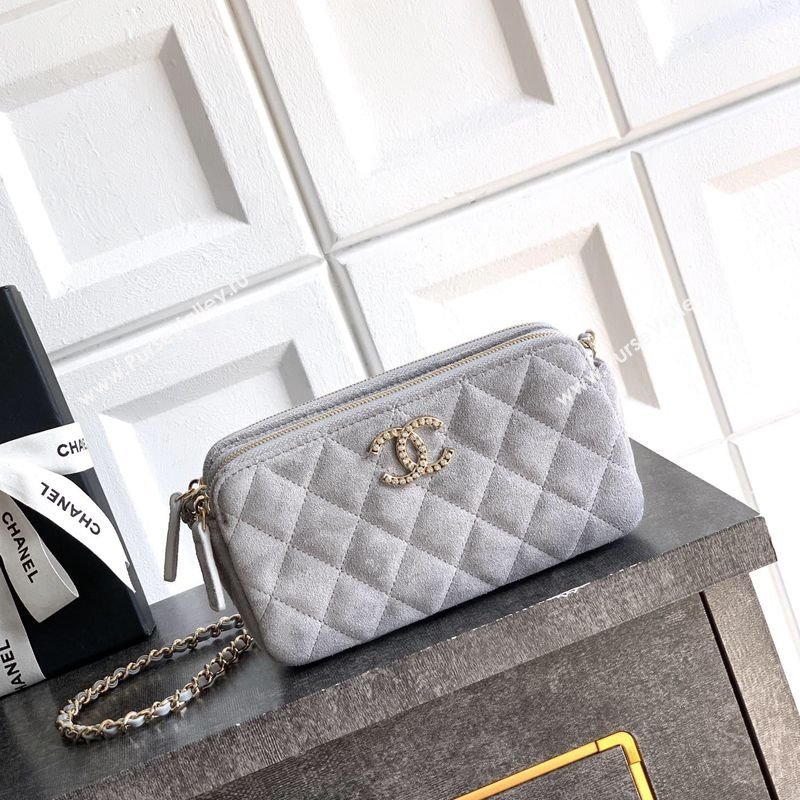 Chanel Suede Zipped Phone Holder with Chain and Strass Grey 2025 CH101102 (yezi-251011042)