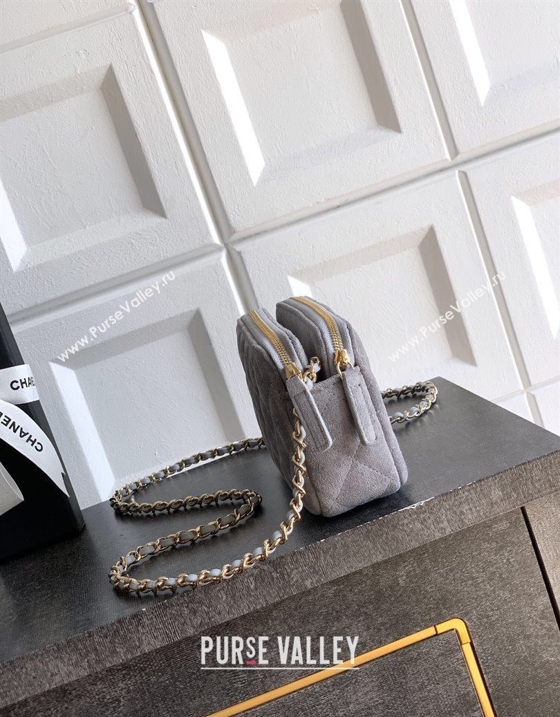 Chanel Suede Zipped Phone Holder with Chain and Strass Grey 2025 CH101102 (yezi-251011042)