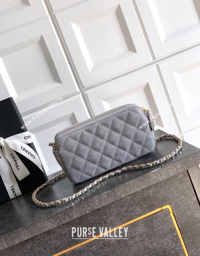Chanel Suede Zipped Phone Holder with Chain and Strass Grey 2025 CH101102 (yezi-251011042)
